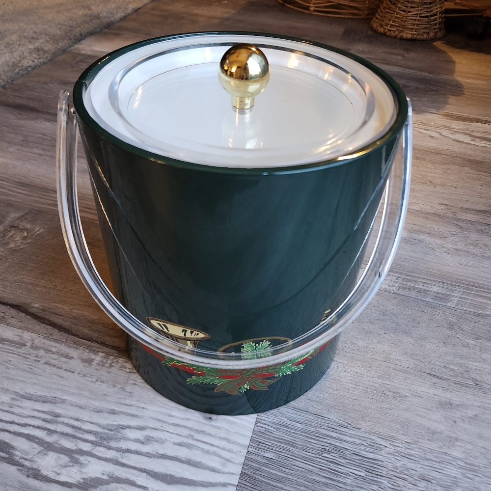 Vintage Georges Briard Christmas Ice Bucket Green Plaid MCM Barware Vinyl USA - Picture 2 of 9